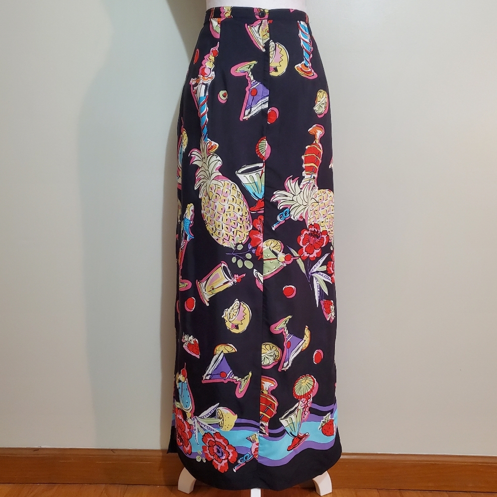 Intriguing Treads vtg 90s colorful cocktail floral fruit novelty maxi skirt 12 - Picture 3 of 10